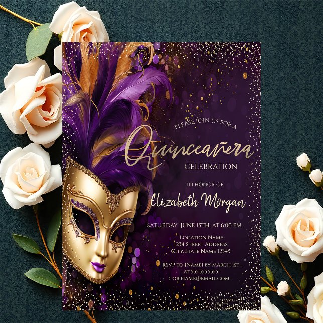 Convite Máscara Chic,Confetes Quinceañera Roxo (Criador carregado)