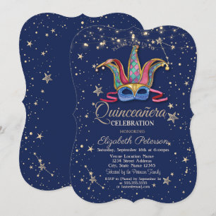 Convite Máscara Colorida Estrelas Azul-Marinho Quinceañera