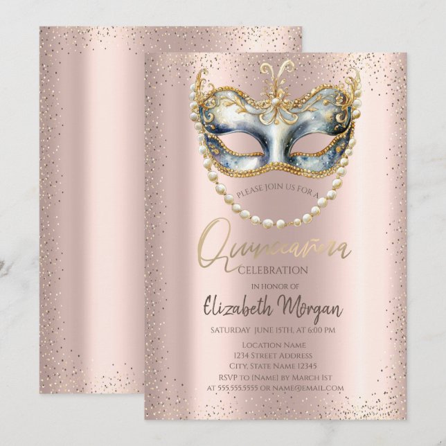 Convite Máscara, Confetes Pérolas Rosa Quinceañera Dourado (Frente/Verso)