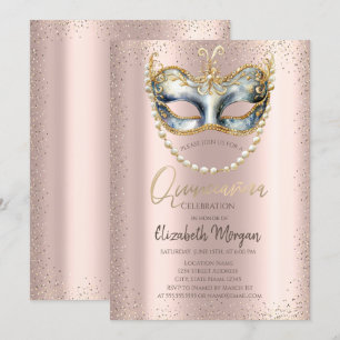Convite Máscara, Confetes Pérolas Rosa Quinceañera Dourado