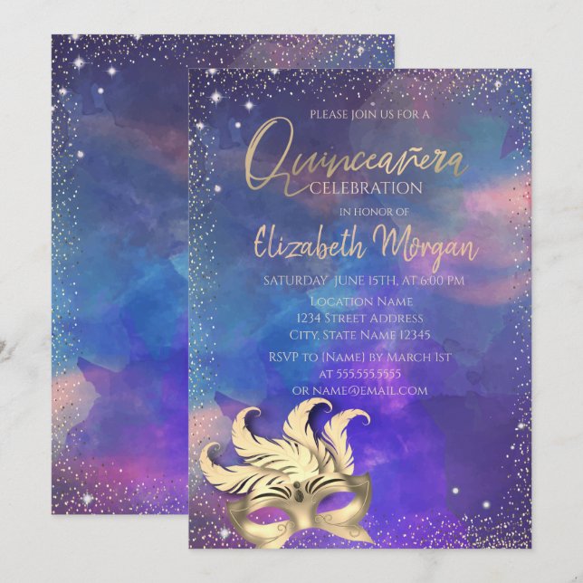 Convite Máscara,Confetes Pontos Splash Quinceañera (Frente/Verso)