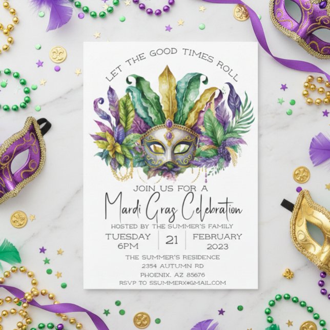 Convite Máscara de Aquarela da Celebração do Mardi Gras (Criador carregado)