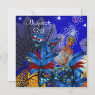 Convite Máscara de Baile de Máscaras Azul Amarelo ShowGirl