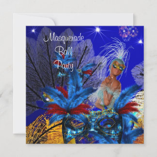 Convite Máscara de Baile de Máscaras Azul Amarelo ShowGirl