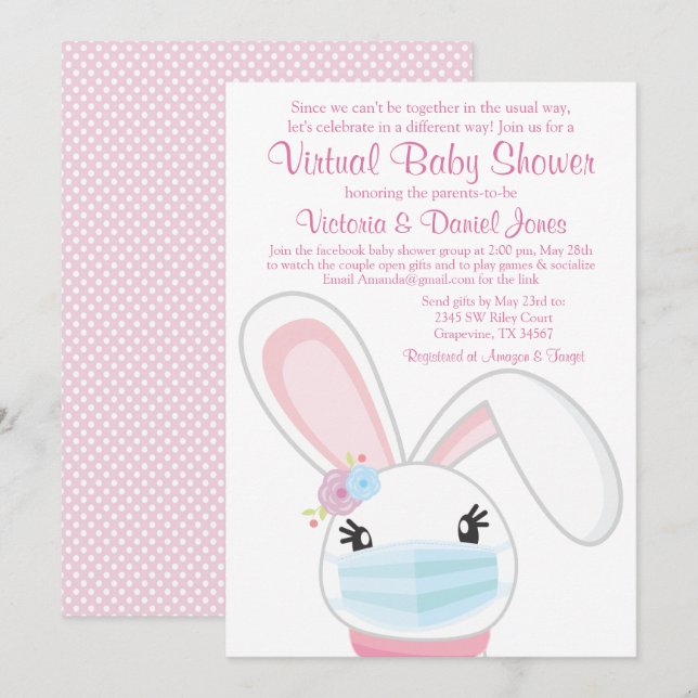 Convite Máscara de Bebê Bunny Girl Chás de Bebê Virtuais (Frente/Verso)