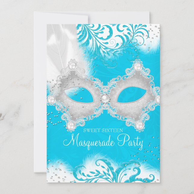Convite Máscara de brilho Azul Branco Mascarada Sweet 16 (Frente)