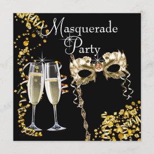 Convite Máscara de Champanhe Preto Dourado Festa de Mascar