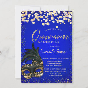 Convite Máscara de Confete Dourado Azul Real Quinceañera