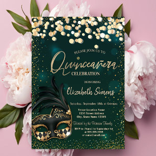 Convite Máscara de Confete Dourado para Quinceañera Verde