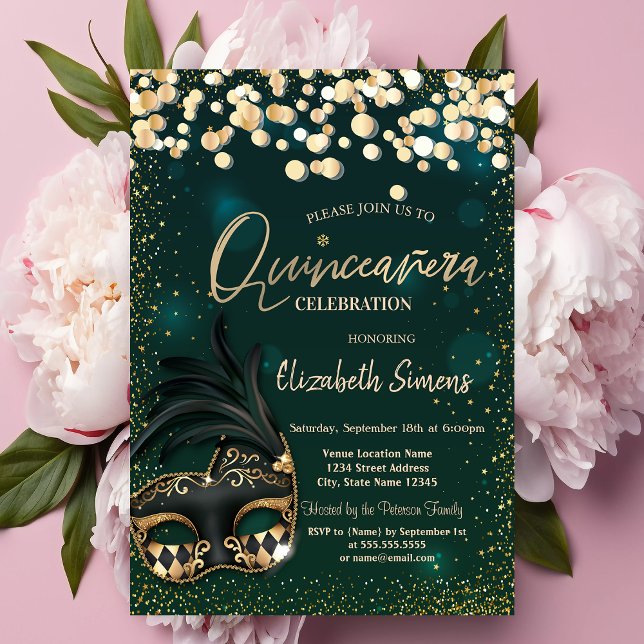 Convite Máscara de Confete Dourado para Quinceañera Verde (Criador carregado)