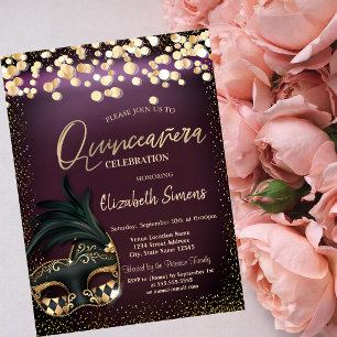 Convite Máscara de Confete Dourado Quinceañera Burgundy