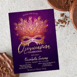 Convite Máscara de Confete Dourado Quinceañera Roxa