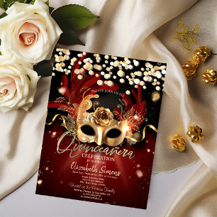 Convite Máscara de Confete Dourado Vermelho Quinceañera