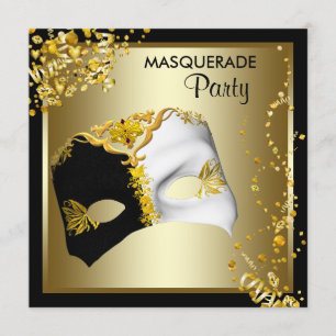 Convite Máscara de Confete Preto Dourado Festa de Mascarad