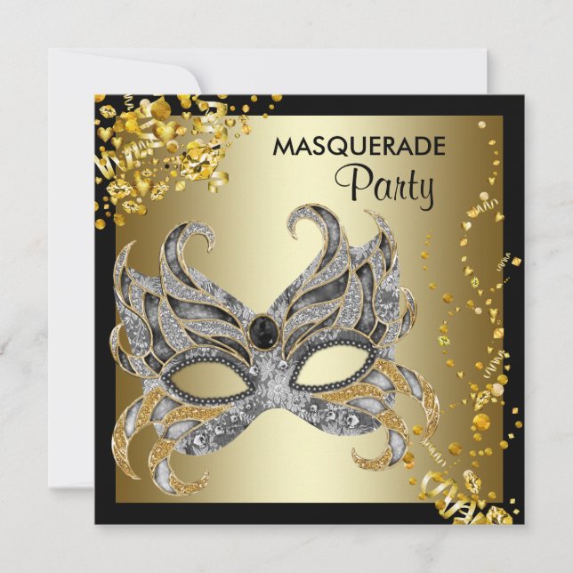 Convite Máscara de Confete Preto Dourado Festa de Mascarad (Frente)