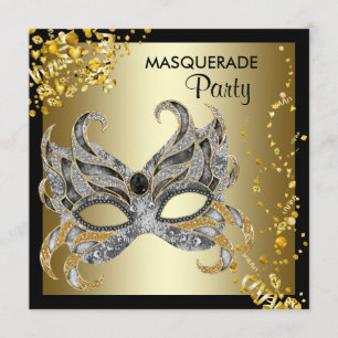 Convite Máscara de Confete Preto Dourado Festa de Mascarad
