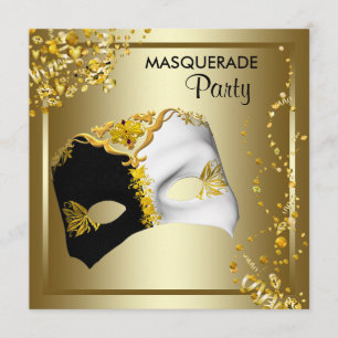 Convite Máscara de Confete Preto Dourado Festa de Mascarad
