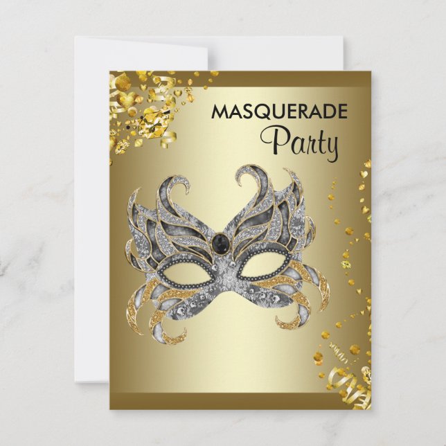 Convite Máscara de Confetes Prata e Dourada Festa de Masca (Frente)
