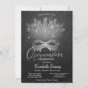 Convite Máscara de Confetes Prateados Dark Quinceañera 