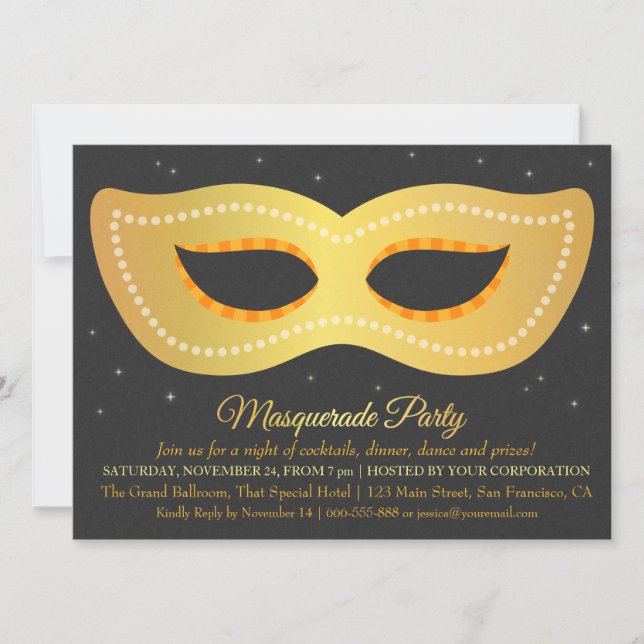 Convite Máscara de Design Glam Faux Dourado Festa de Masca (Frente)