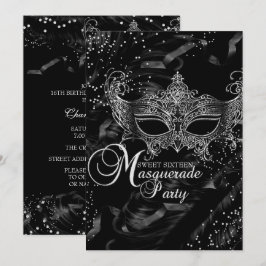 Convite Máscara de Diamante Preto Prata Mascarada Sweet 16