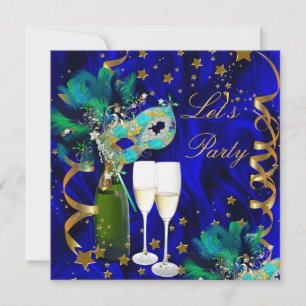 Convite Máscara de Festa Champanhe Azul Dourado Mascarada