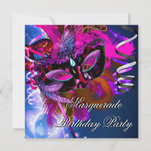 Convite Máscara de Festa de Aniversário Azul Rosa