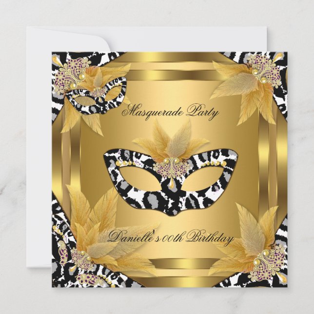 Convite Máscara de Festa de Aniversário Masquerade Dourado (Frente)