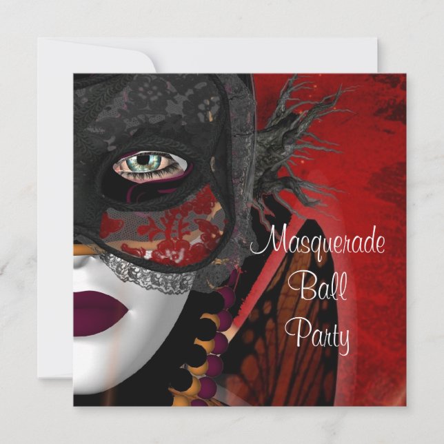 Convite Máscara de Festa de Baile de Máscaras Preta Vermel (Frente)