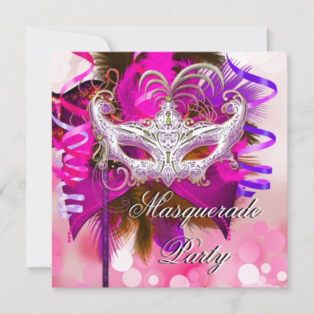 Convite Máscara de Festa de Mascarada Preta Roxa Rosa Mard (Frente)