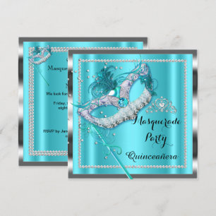 Convite Máscara de Festa Quinceanera Azul Turquesa Mascara