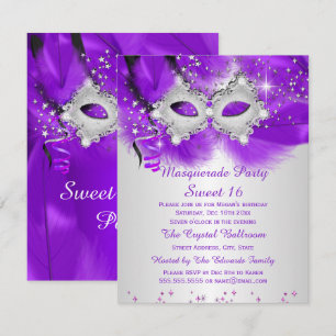 Convite Máscara de Festa Sweet 16 Roxo Prata Mascarada