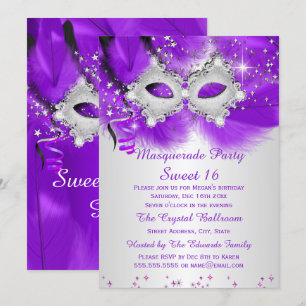Convite Máscara de Festa Sweet 16 Roxo Prata Mascarada