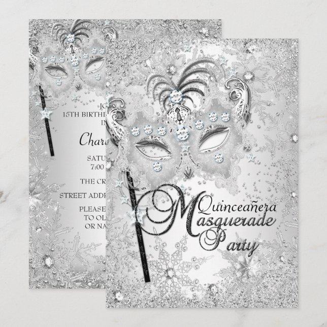 Convite Máscara de Floco de Neve de Prata Quinceanera de M (Frente/Verso)