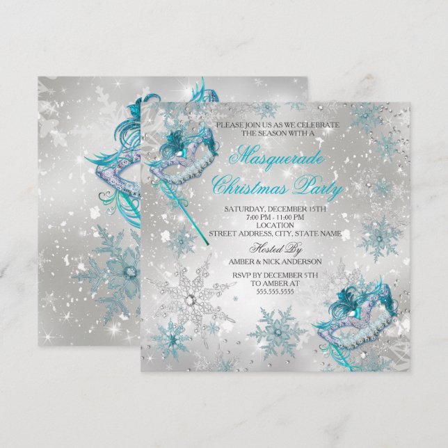 Convite Máscara de floco de neve prateado azul Festa de Na (Frente/Verso)