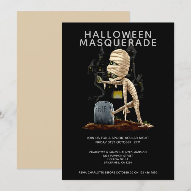 Convite Máscara de Halloween Múmia e Túmulo (Frente/Verso)