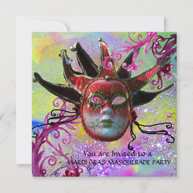 Convite MÁSCARA DE JESTER PRETO E VERMELHO, Mascarada (Frente)