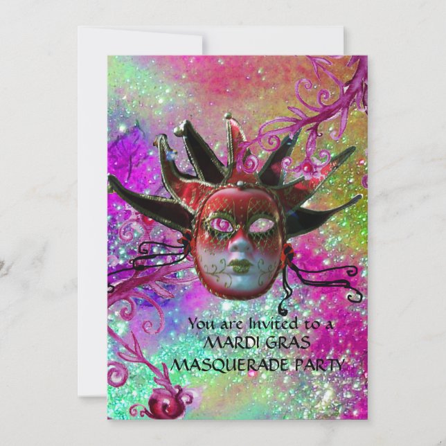 Convite MÁSCARA DE JESTER VERMELHA PRETA ,Festa de Máscara (Frente)