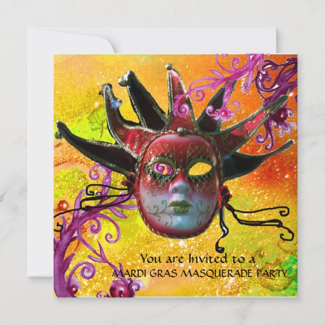 Convite MÁSCARA DE JESTER VERMELHO PRETO,Champanhe de Masc (Frente)