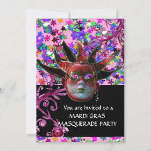 Convite MÁSCARA DE JESTER VERMELHO PRETO,Mascarada, Festa,