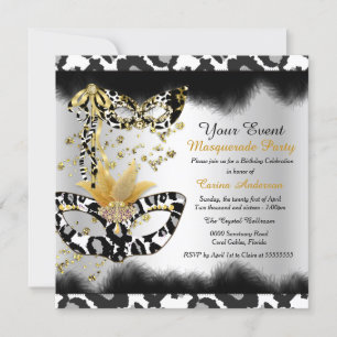 Convite Máscara de Leopardo Preto Dourado Festa de Anivers