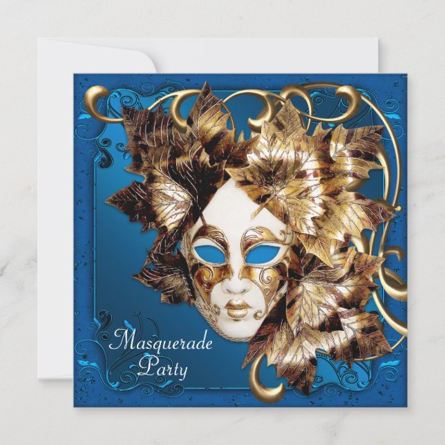 Convite Máscara de Mardi Gras Azul Dourado Festa de Mascar (Frente)