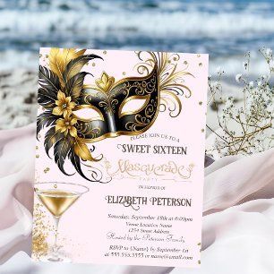 Convite Máscara de Mardi Gras Diamantes Champanhe Sweet 16