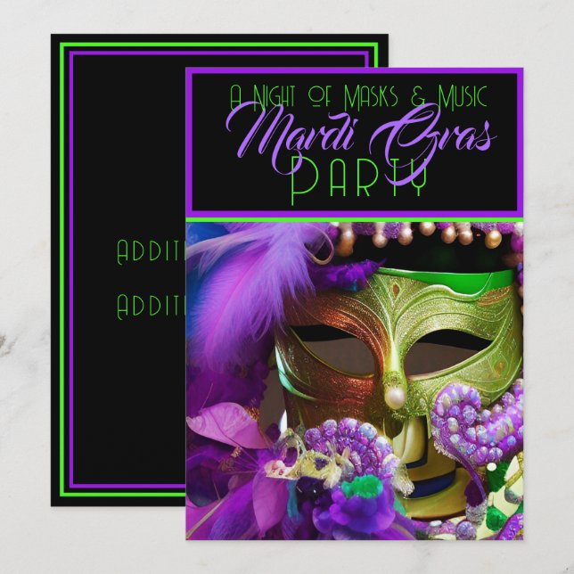 Convite Máscara De Mardi Gras Roxo E Verde (Frente/Verso)