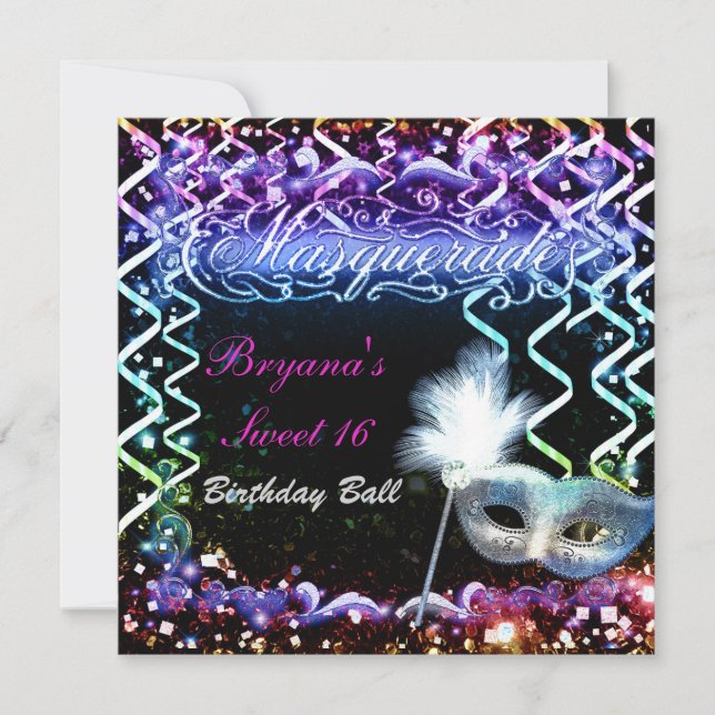 Convite Máscara de Mascarada Brilho Arco-Íris Festa de Ani (Frente)