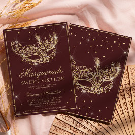 Convite Máscara de mascarada burgundy dourado doce 16