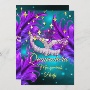 Convite Máscara de Mascarada de Quinceanera Ouro roxo