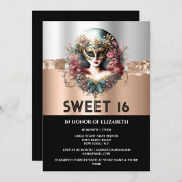 Convite Máscara de mascarada de rosa de ouro preto 16 rapa