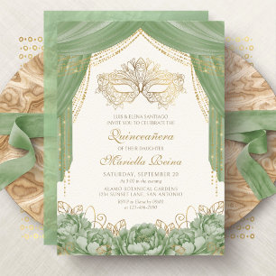Convite Máscara de Mascarada Moderno Verde Sage Quinceaner