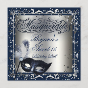 Convite Máscara de Mascarada Prata e Azul Royal para Festa